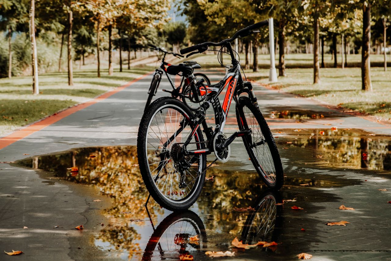 Sobre Nosotros A bicycle reflecting on a wet path in a scenic park in Türkiye.